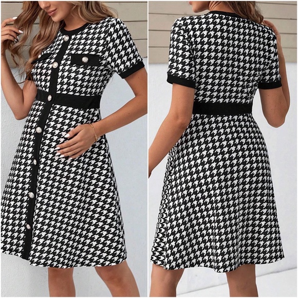 Maternity Houndstooth Print Classic Short Sleeve Dress - Picture 2 of 2